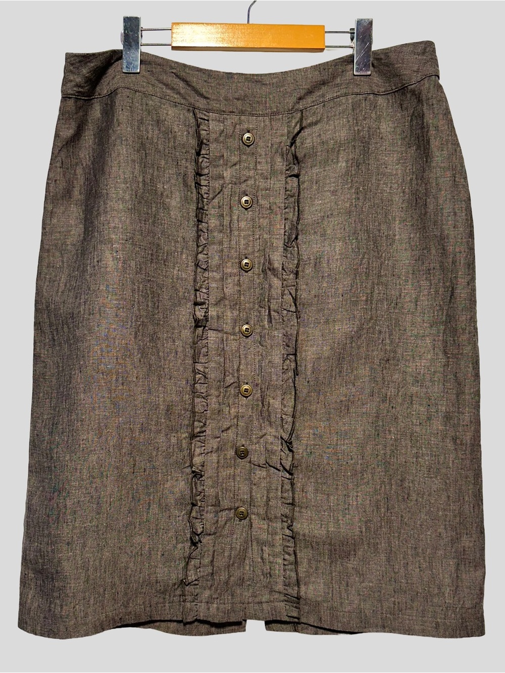 100% Linen Brown Ruffle Button Front Midi Skirt Dark Academia Poetcore Size 16